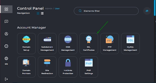 ورود به بخش SSL Certificates
